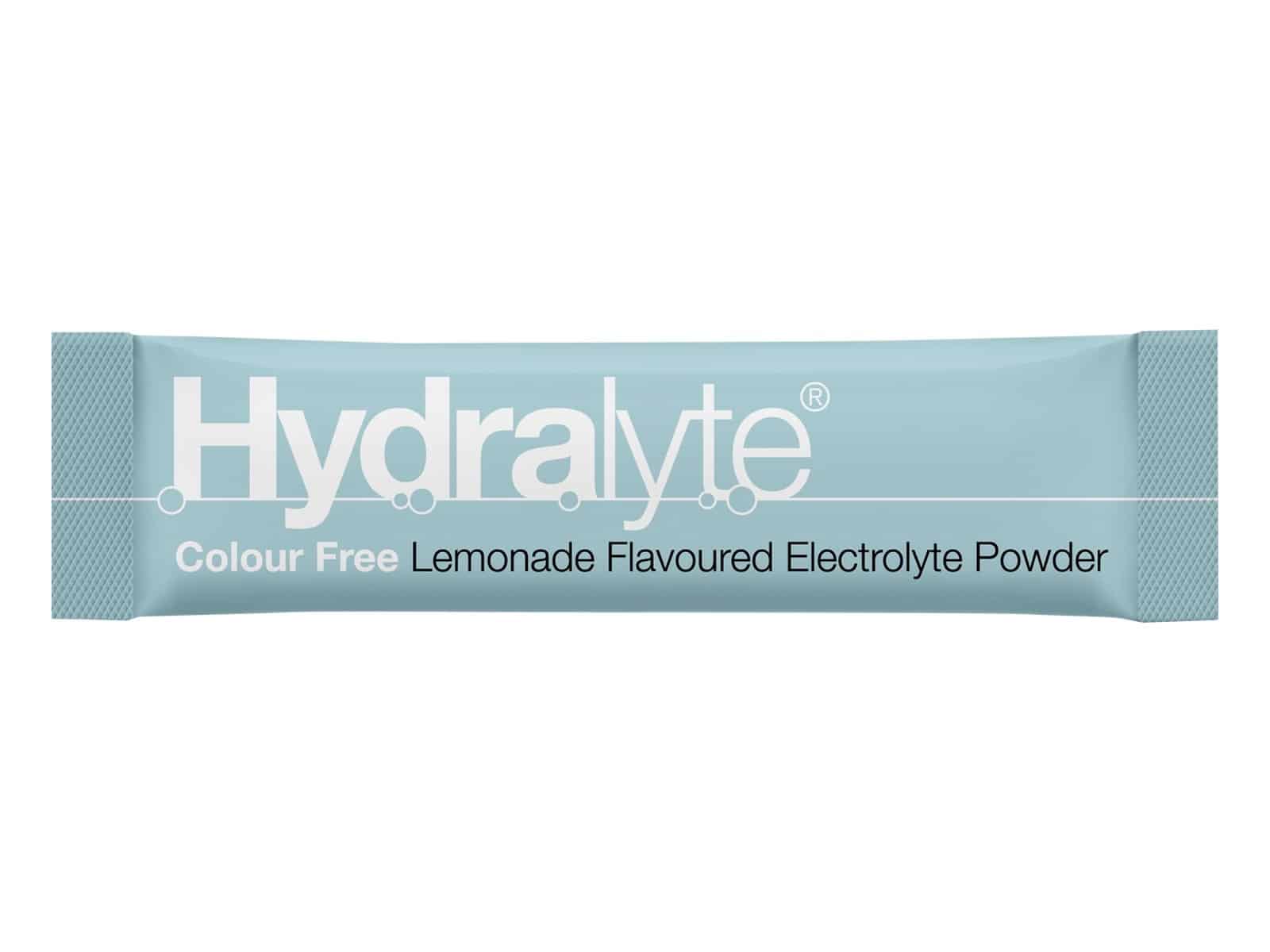 A single Hydralyte Colour Free Lemonade Flavoured Electrolyte Powder stick sachet
