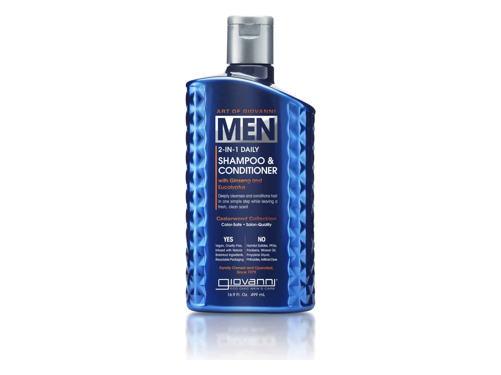 A blue bottle of Art of Giovanni MEN 2-in-1 Daily Shampoo and Conditioner with Ginseng and Eucalyptus on a white background