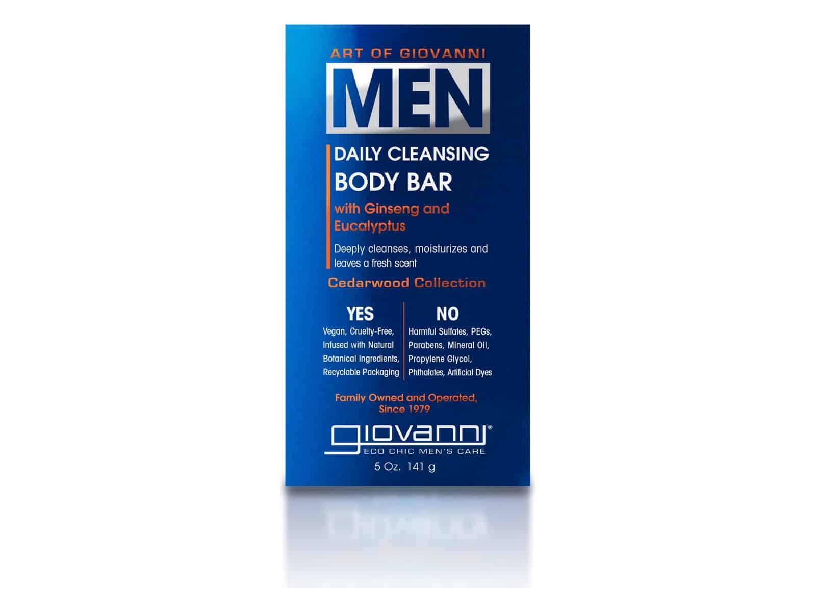 The boxed Art of Giovanni MEN Daily Cleansing Body Bar with Ginseng and Eucalyptus on a white background