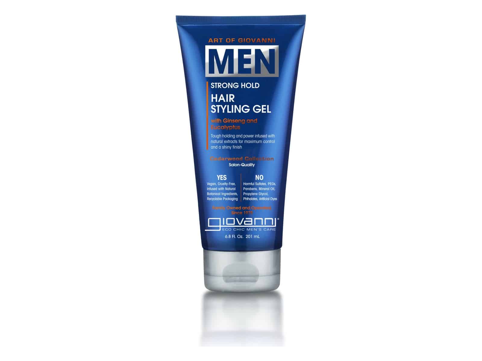 A blue tube of Art of Giovanni MEN Strong Hold Hair Styling Gel with Ginseng and Eucalyptus on a white background
