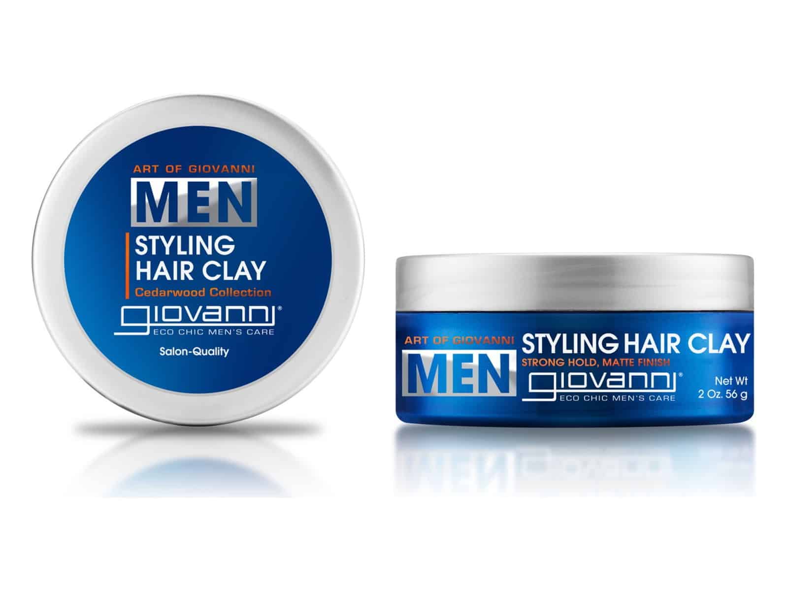 A blue and silver tub of Art of Giovanni MEN Styling Hair Clay with strong hold and matte finish on a white background