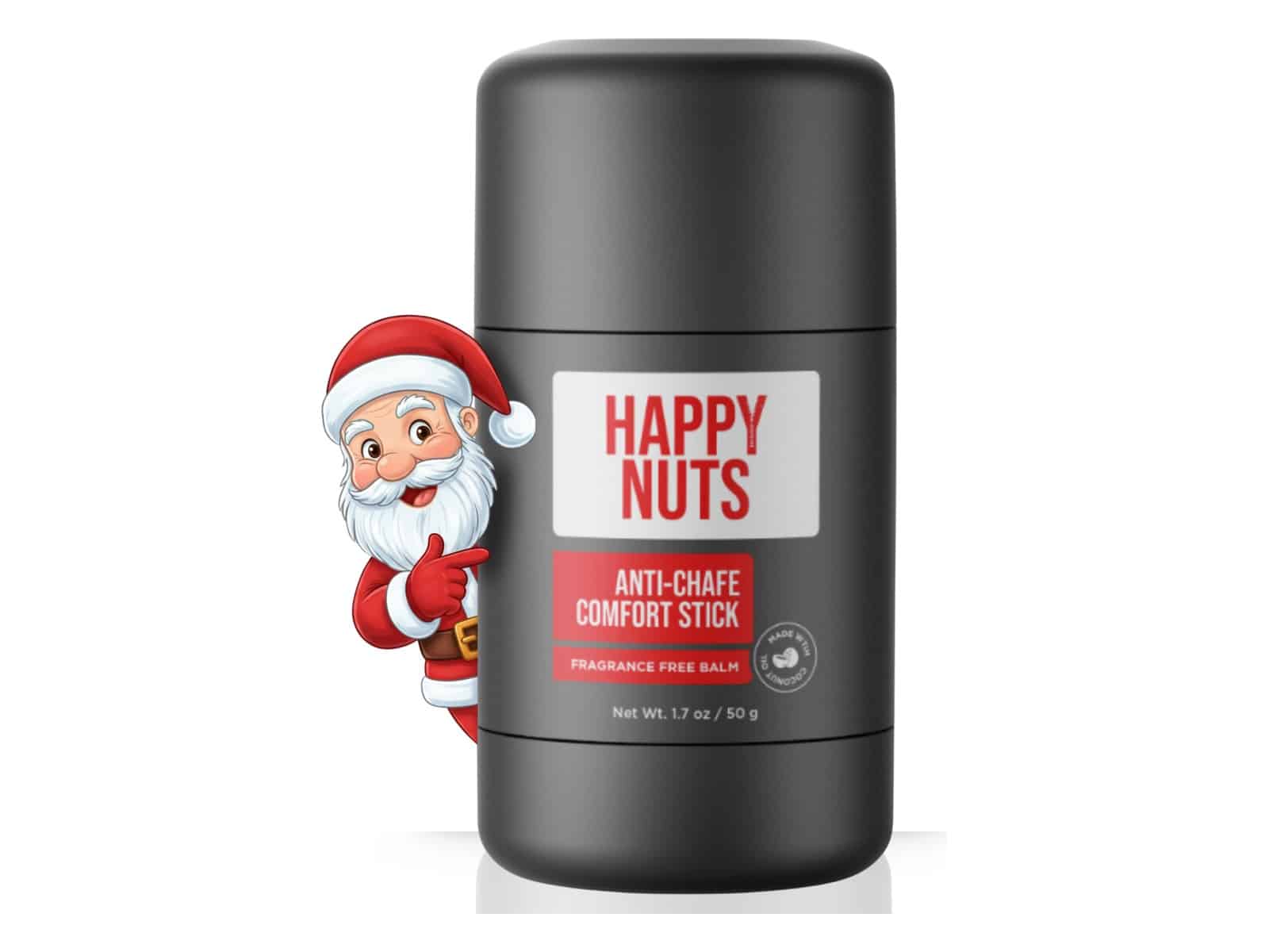 A dark grey Happy Nuts Anti-Chafe Comfort Stick fragrance-free balm, 1.7 oz, with a cartoon Santa peeking out from behind it.