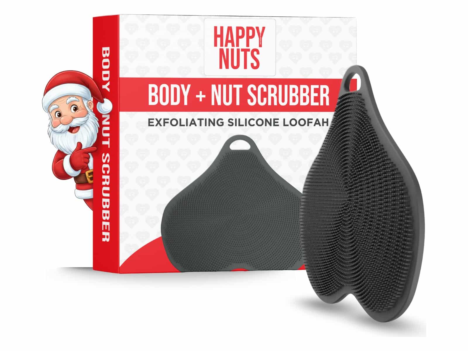 The grey Happy Nuts Body + Nut Scrubber exfoliating silicone loofah shown in front and back views beside its red and white box, with a cartoon Santa peeking around the box.