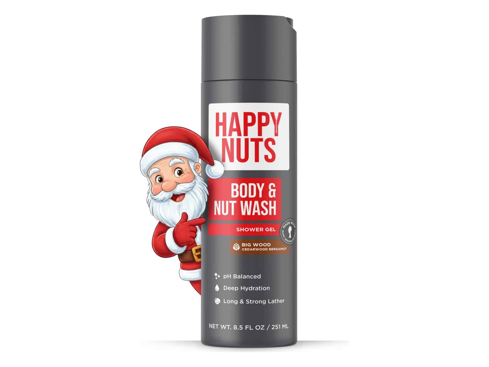An 8.5 fl oz bottle of Happy Nuts Body and Nut Wash shower gel in Big Wood cedarwood bergamot, with a cartoon Santa peeking out from behind it.