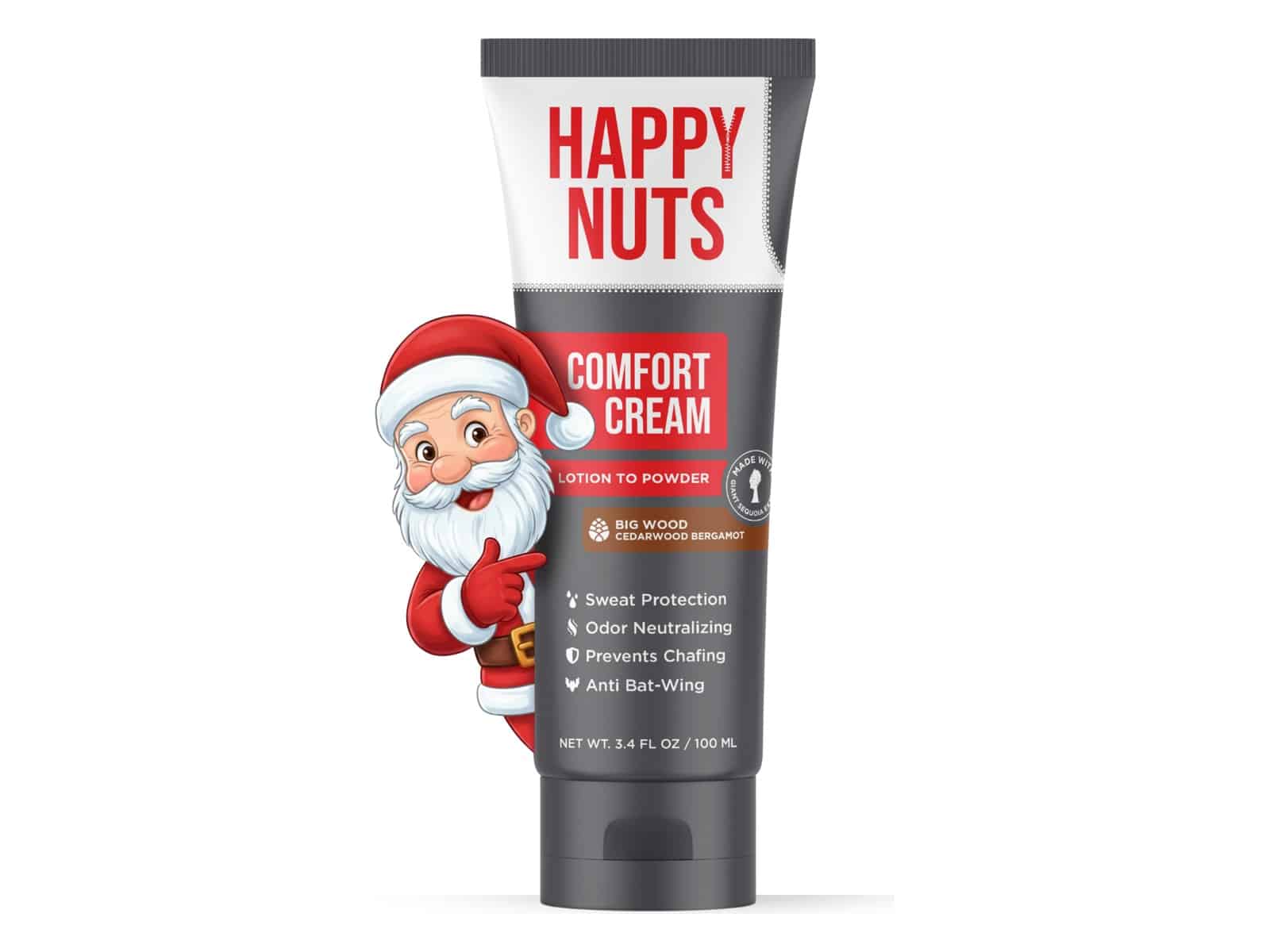 A 3.4 fl oz tube of Happy Nuts Comfort Cream lotion-to-powder in the Big Wood cedarwood bergamot scent, with a cartoon Santa peeking out from behind it.
