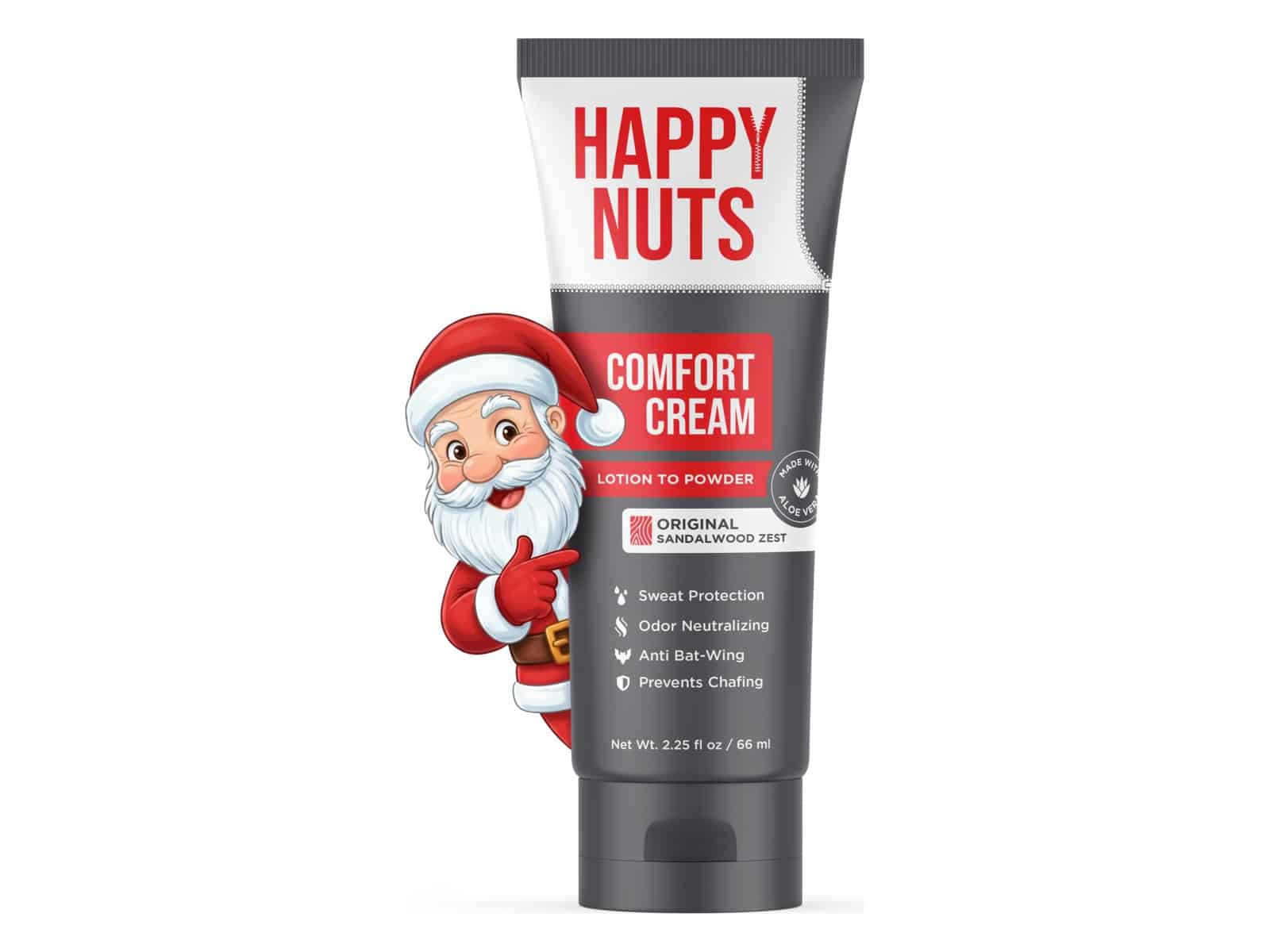 A 2.25 fl oz tube of Happy Nuts Comfort Cream lotion-to-powder in Original Sandalwood Zest, with a cartoon Santa peeking out from behind it.