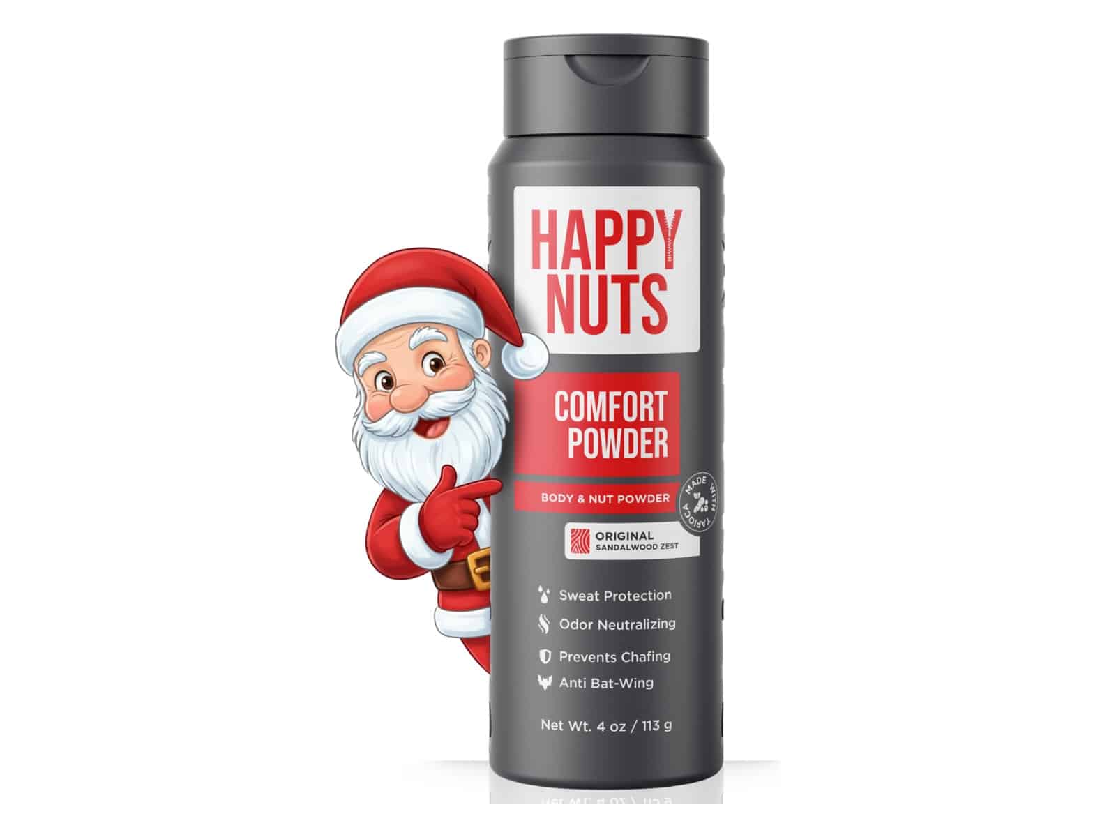 A 4 oz bottle of Happy Nuts Comfort Powder body and nut powder in Original Sandalwood Zest, with a cartoon Santa peeking out from behind it.