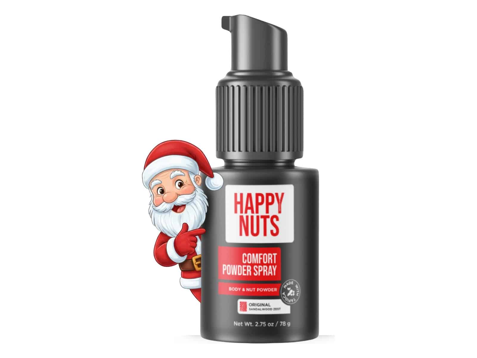 A 2.75 oz pump bottle of Happy Nuts Comfort Powder Spray body and nut powder in Original Sandalwood Zest, with a cartoon Santa peeking out from behind it.