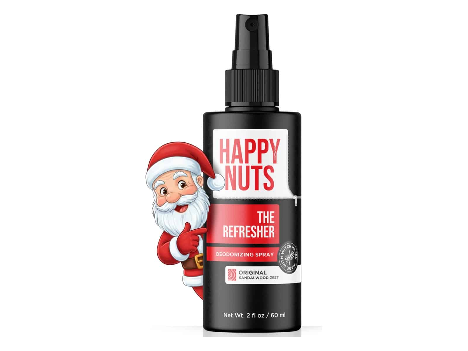 A black 2 fl oz bottle of Happy Nuts The Refresher deodorizing spray in Original Sandalwood Zest, with a cartoon Santa peeking out from behind it.