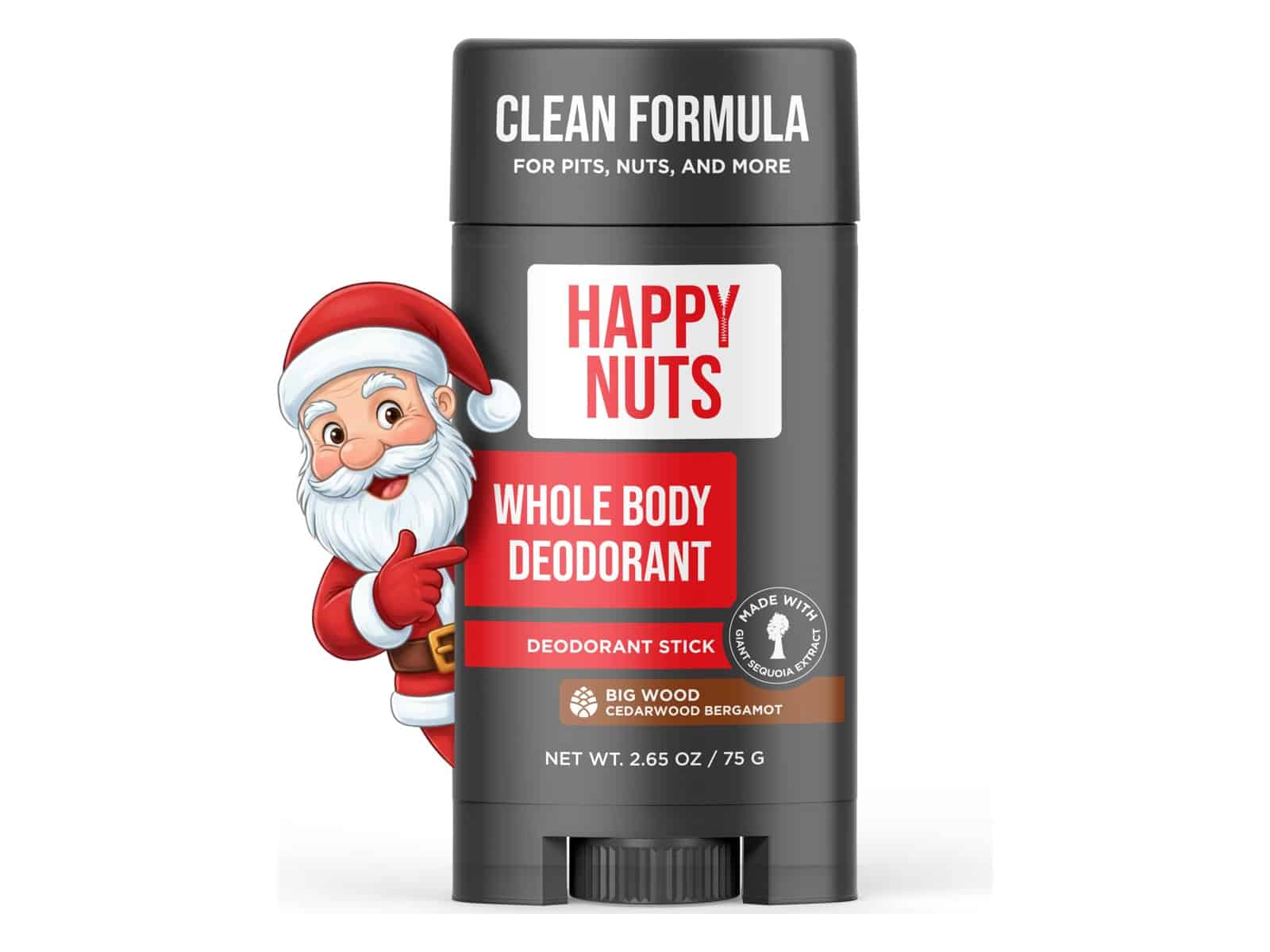 A Happy Nuts Whole Body Deodorant stick in Big Wood cedarwood bergamot, labelled clean formula for pits, nuts and more, with a cartoon Santa peeking out from behind it.