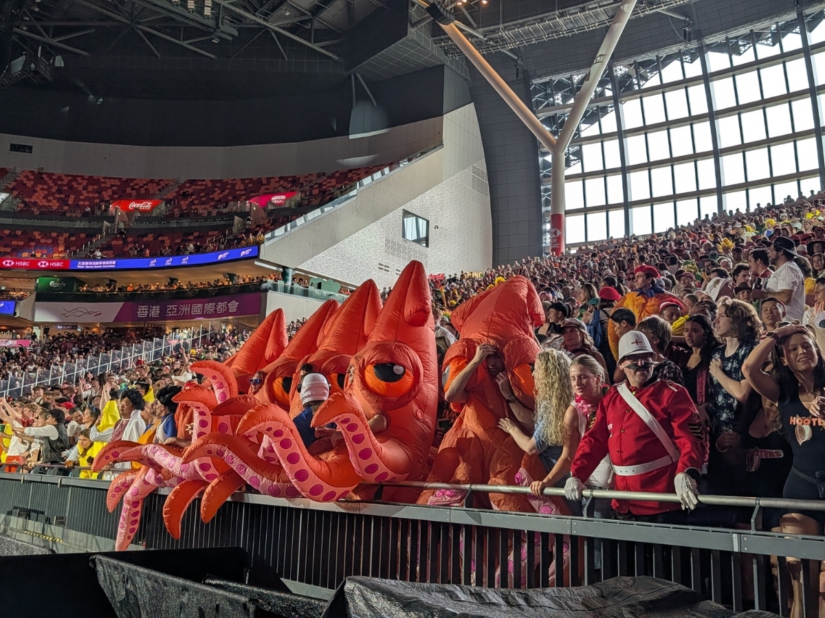 Fans wearing squid costumes in the crowd at the Hong Kong Sevens