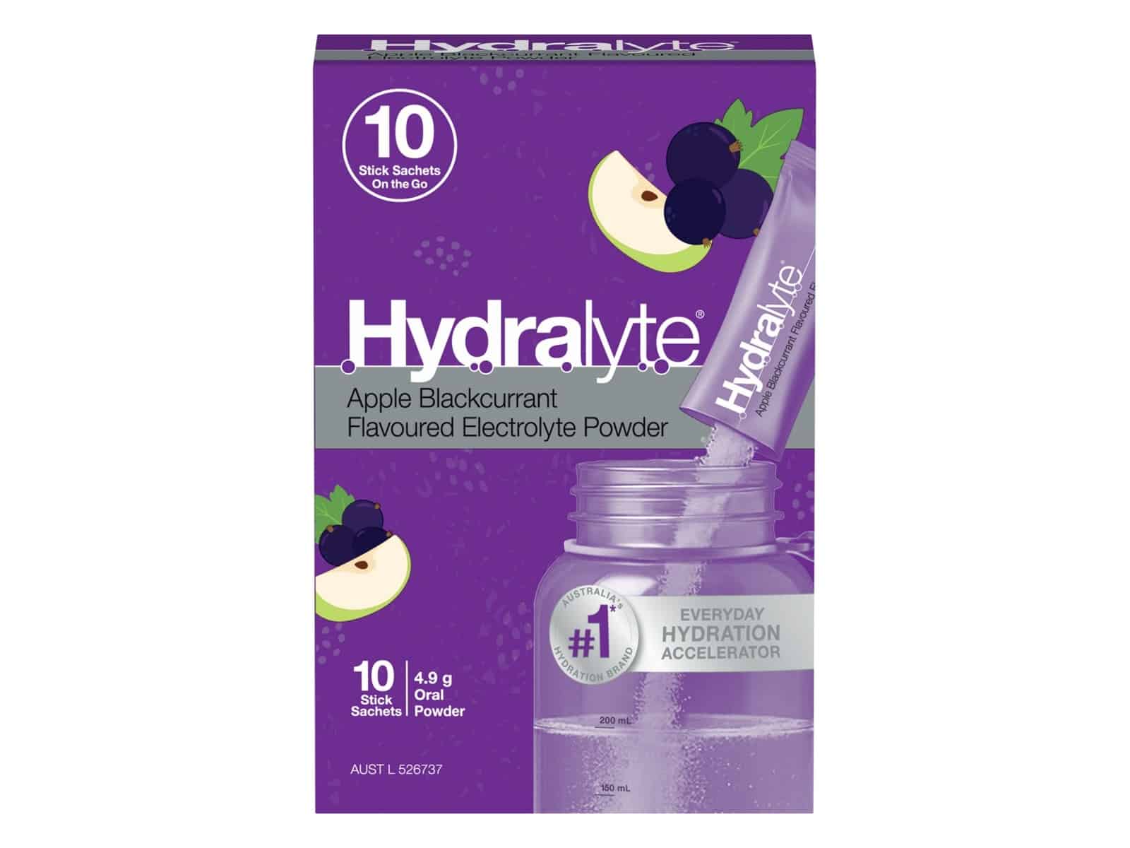 Hydralyte Apple Blackcurrant Flavoured Electrolyte Powder 10 pack box of stick sachets, showing a sachet poured into a bottle marked 200 mL