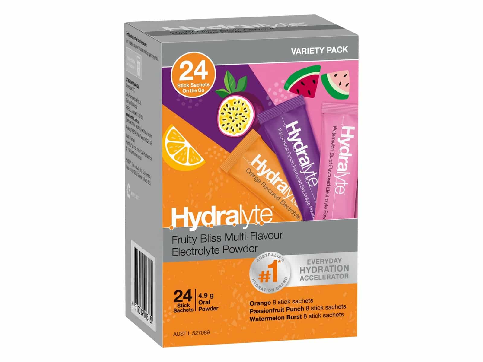 Hydralyte Fruity Bliss Multi-Flavour Electrolyte Powder 24 pack with Orange, Passionfruit Punch and Watermelon Burst stick sachets