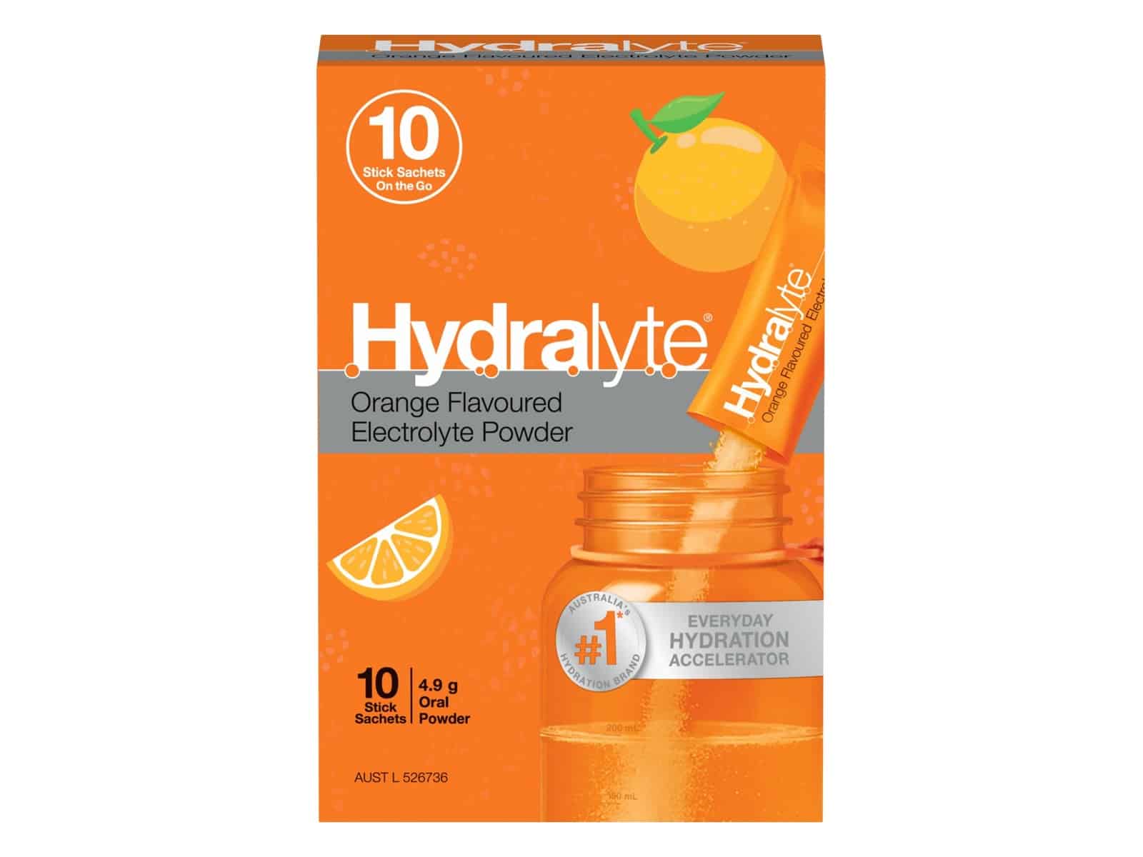 Hydralyte Orange Flavoured Electrolyte Powder 10 pack box of stick sachets, showing a sachet poured into a bottle marked 200 mL