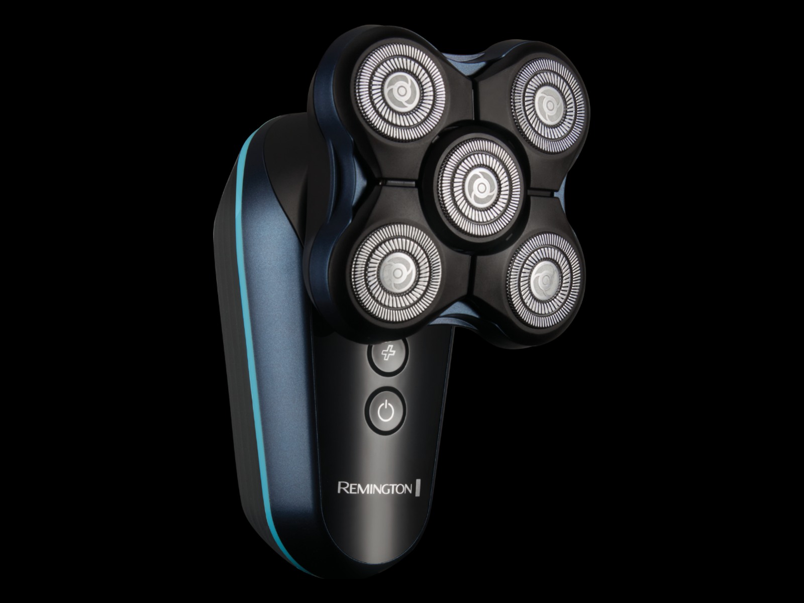 The black and blue Remington Balder Head & Beard XR8000AU five-head rotary shaver with its T-blade beard trimmer attachment