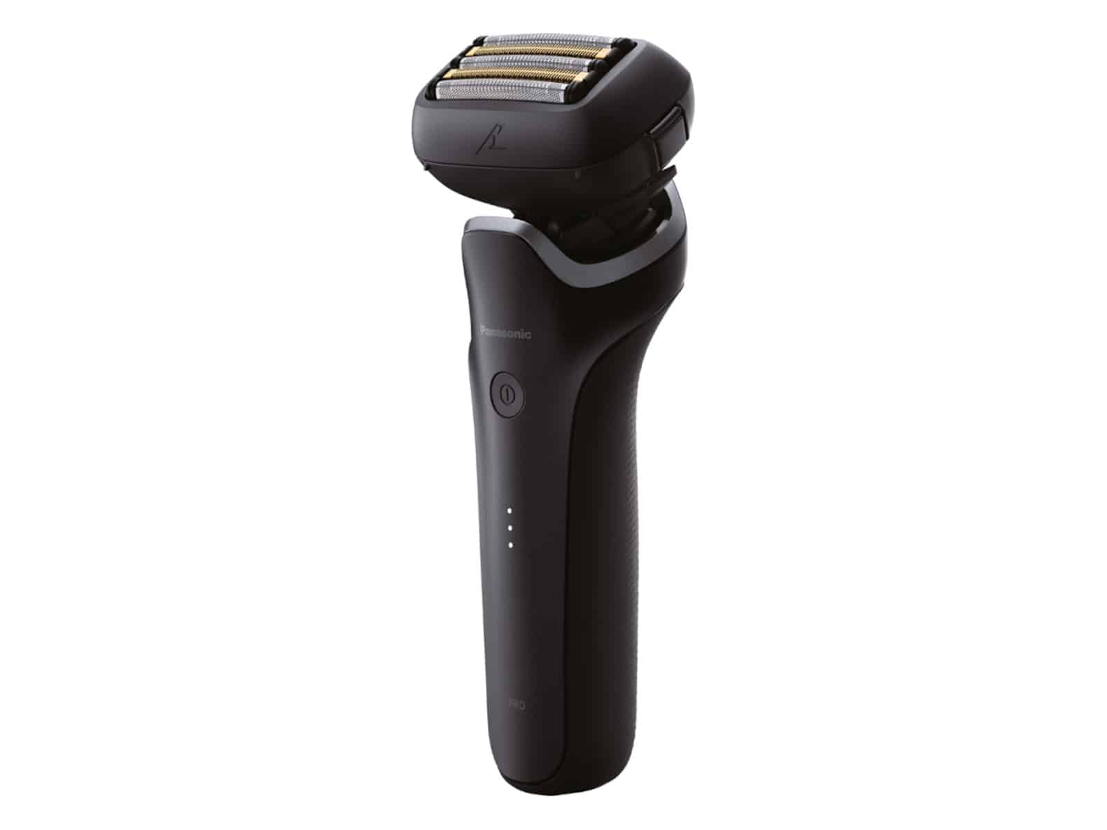 The black Panasonic Series 900 PRO ES-L580U electric shaver standing upright, showing its five-blade head and handle