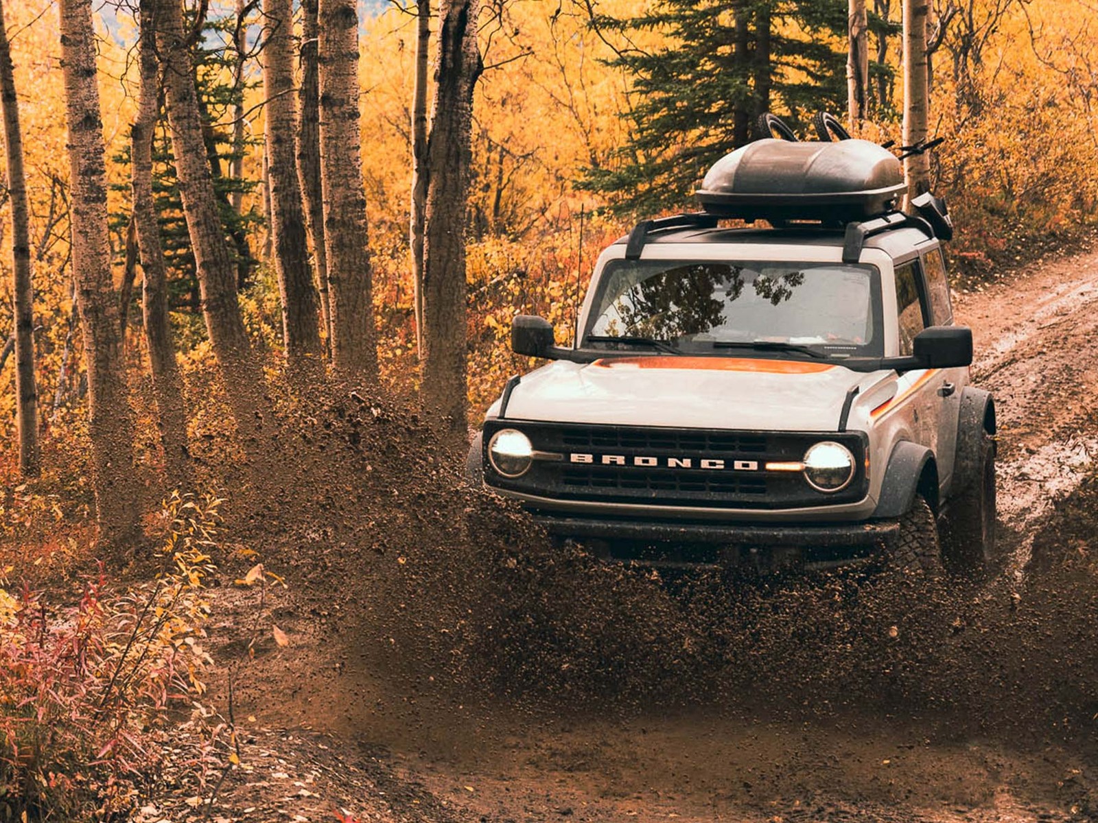 Ford Bronco with a roof box on an autumn forest trail